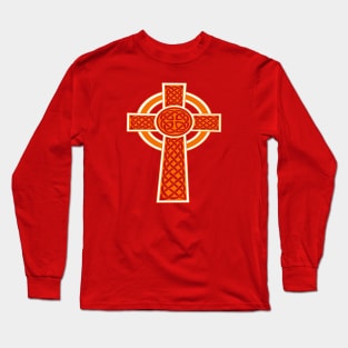 Ornamental Celtic High Cross Decorative Knotwork Orange and White Long Sleeve T-Shirt